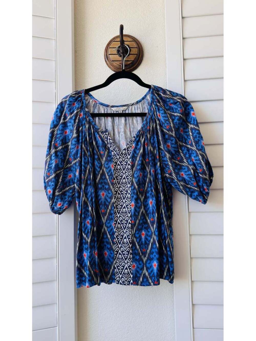 Hester & Orchard Blue Ikat Print Linen Blend - Size XL